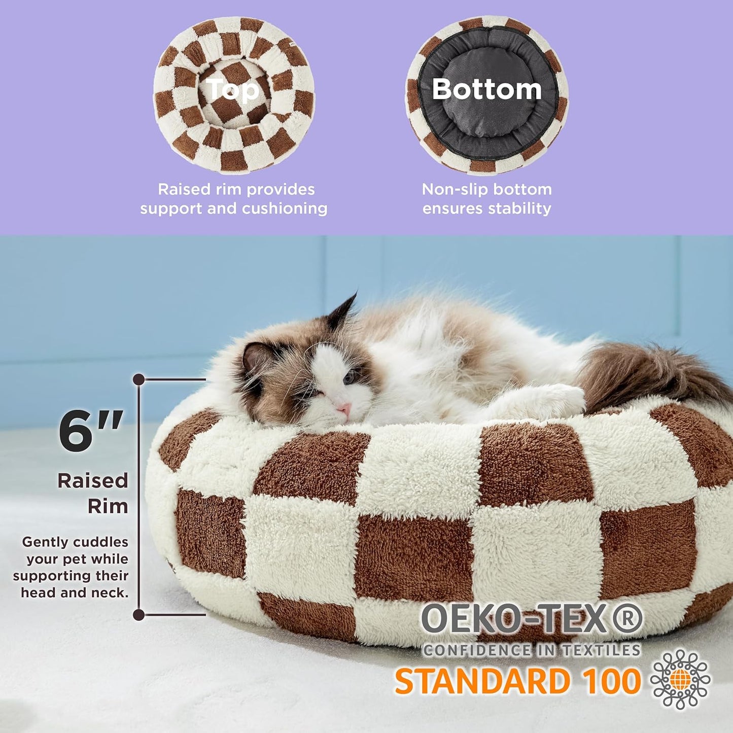LE SURE Donut Small Dog Bed - Round Cat Bed for Indoor Cats with Anti-Anxiety Calming Teddy Sherpa Plush & Anti Slip Bottom Brown