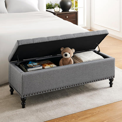 Ottoman with Storage,50.2-inch Upholstered End of Bed Storage Bench for Bedroom,for The Living Room,for Entryway, with Rivets & Button and Safety Hinges,Detachable (Grey)