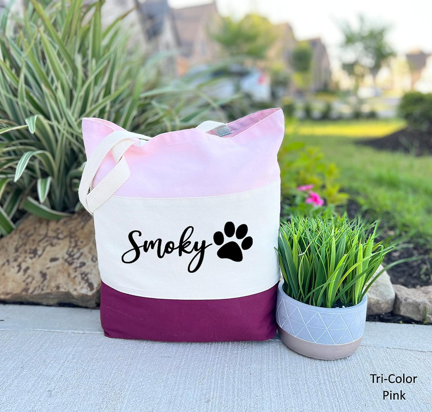Custom Dog Tote Bag Personalized Dog Mom Gift Dog Toys Totes Pet Gift Custom Pet Bag Gift For Dog Mom Dog Lover Bag (15"L x 15"H x 3"D, Tri-Color Pink)