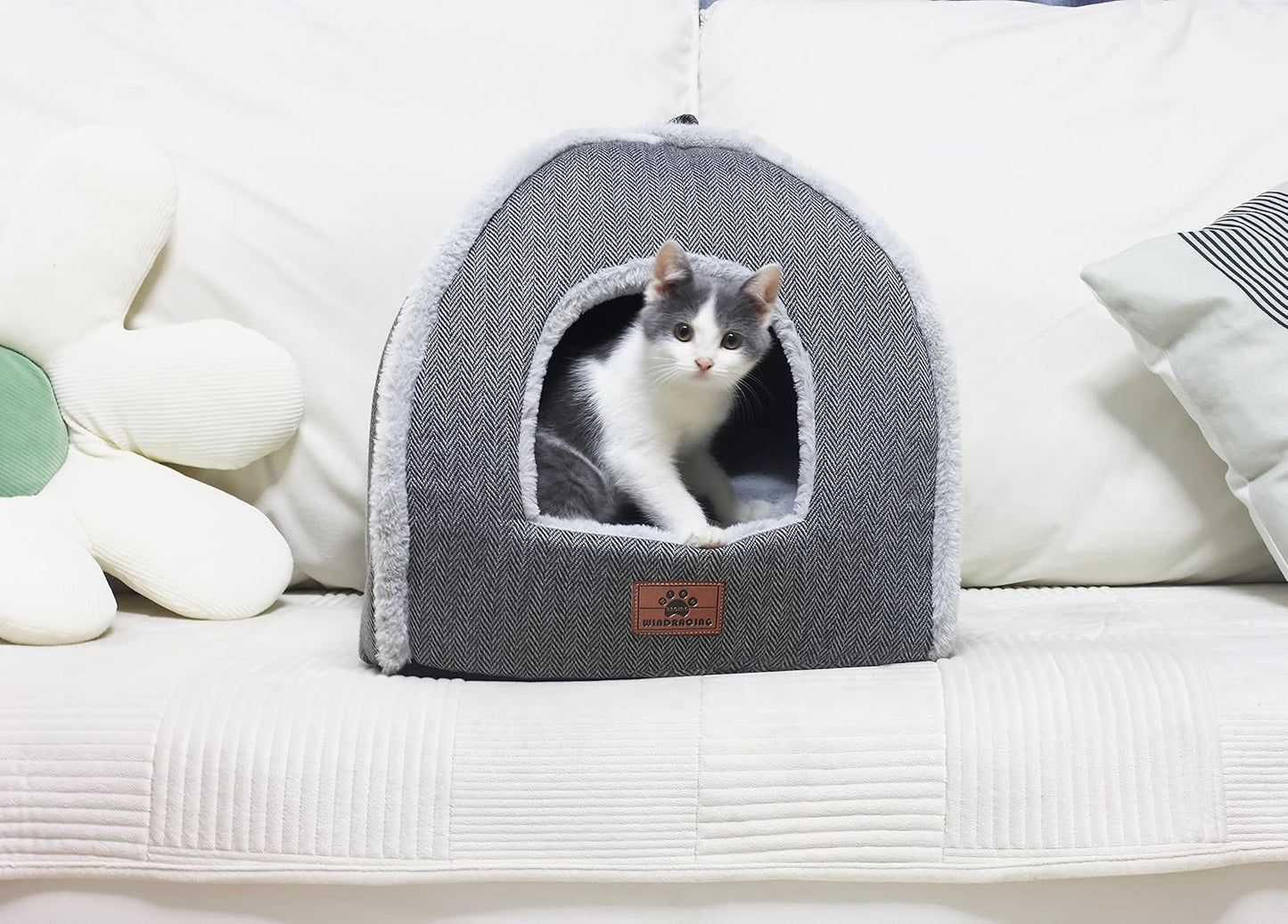 Cat Bed for Indoor Cats - Cat Cave Bed Cat House Cat Tent with Removable Washable Cushioned Pillow, Soft and Self Warming Kitten beds,Cat Beds & Furniture （Large Grey）