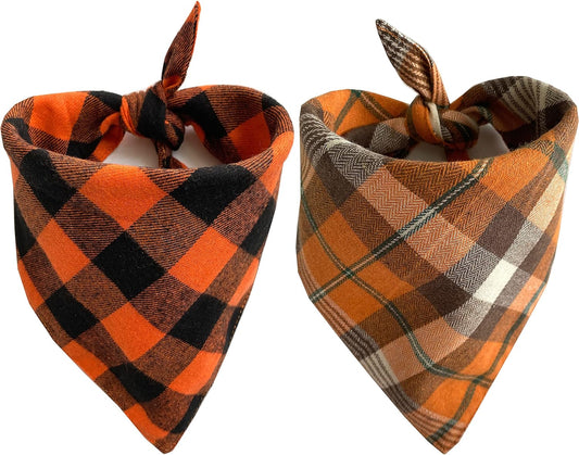 Realeaf Fall Halloween Dog Bandanas 2 Pack, Orange Plaid Pet Scarf for Boy and Girl, Premium