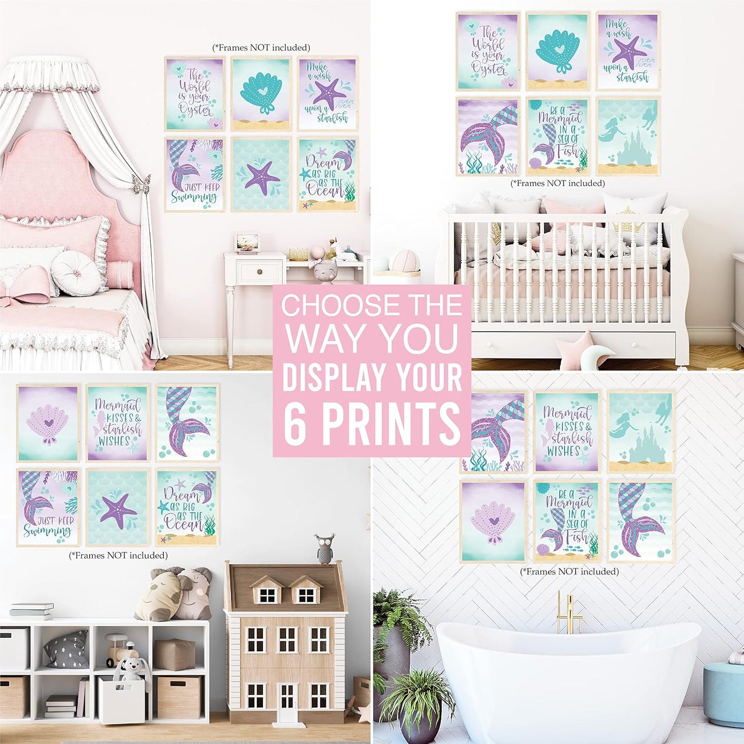 Hadley Designs 6 Mermaid Wall Decor – Reversible Magical Mermaid Wall Art for Nursery & Bathroom, Under the Sea Unframed Ocean-Themed Room Decor Prints for Girls' Bedroom