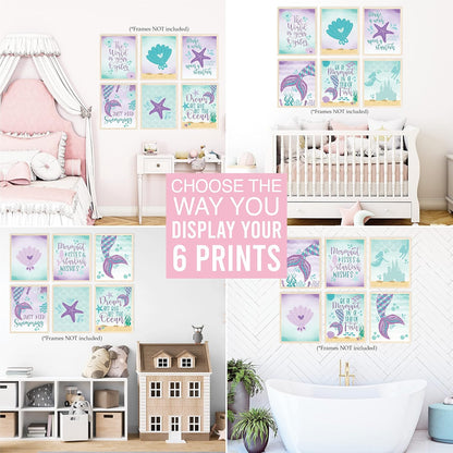 Hadley Designs 6 Mermaid Wall Decor – Reversible Magical Mermaid Wall Art for Nursery & Bathroom, Under the Sea Unframed Ocean-Themed Room Decor Prints for Girls' Bedroom