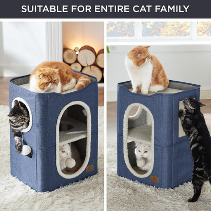 Bedsure 2 Story Cat House - Cat Condos for Indoor Cats with Scratch Pad and Fluffy Ball Hanging, Small Pet Cave Furniture Hideaway for Multi Pets, 18x14x23 inches, Blue