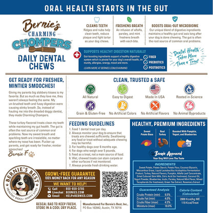 Bernie's Charming Chompers - Daily Dental Chews for Dogs 26-50 Lbs. - 36 Count - Cleans Teeth, Freshens Breath, + Boosts Oral-Gut Microbiome. Easy to Digest, Supports Healthy Digestion Naturally