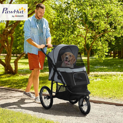 PawHut 3 Wheels Pet Stroller for Small and Medium Dogs, Foldable Cat Stroller Jogger with Adjustable Canopy, Safety Tether, Cushion, Storage Basket, Gray