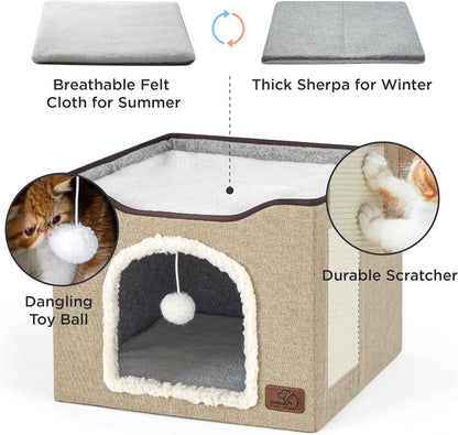 Bedsure Cat Beds for Indoor Cats - Large Cat Cave for Pet Cat House with Fluffy Ball Hanging and Scratch Pad, Foldable Cat Hideaway, 16.5x16.5x13 inches, Brown