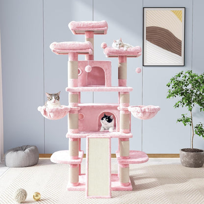 Allewie 68 Inches Cat Tree/House and Towers for Big Feline/Scratching Post/Multi-Level Large Kitty Climbing Tree with Condo/Pink