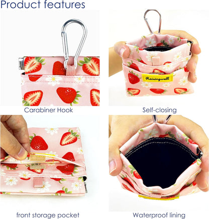 Dog Treat Pouch,Cotton Pocket Sized Training Holder, Hand Free Walking Funny Bag with Carabiner, Self-Closing Pet Feed Snack Reward, Behavior Aids for Puppy Travel or Outdoor Use（Strawberry）