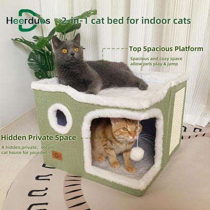 Cat Bed for Indoor Cats,Covered Cat Cave House & Furniture with Scratch Pad,Foldable Cat Hideaway Hut Cute Cat Condo with Soft Washable Mat for Multi Small Pet Under 30 lbs,Green