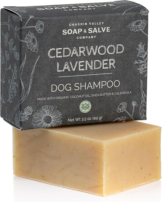 Chagrin Valley Soap & Salve Certified Organic Dog Shampoo and Conditioner - Dog Shampoo Itchy Skin Relief and Puppy Essentials - Natural Handmade Cedarwood Lavender, 3.8 oz Bar Soap