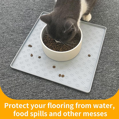 Ptlom Dog Food Mat Anti-Slip Bowl Mats for Food and Water, Waterproof Silicone Pet Placemat with High Raised Edges, Non-Slip Puppy Feeding Tray for Small, Medium Large Cats Dogs, Gray, 11.8"x11.8"