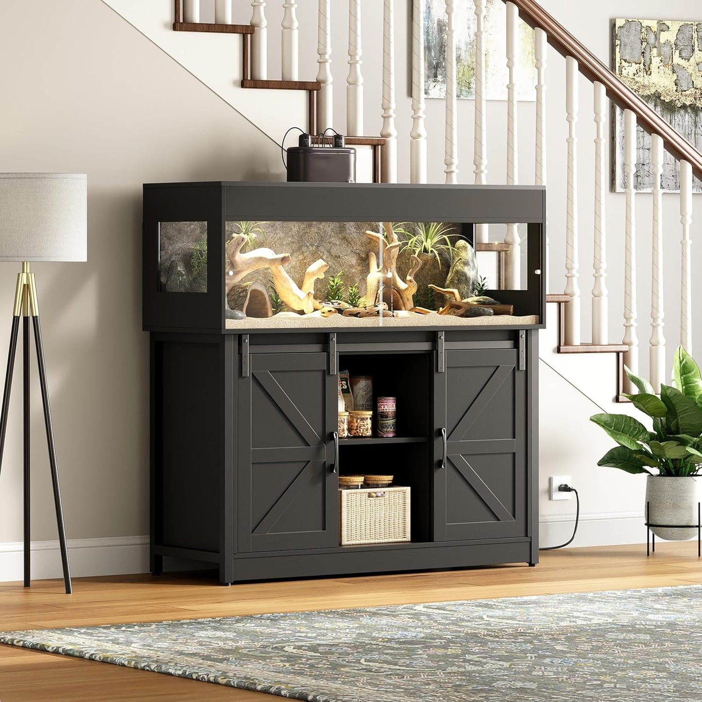 60 Gallon Reptile Terrarium with Stand, Terrarium Enclosure with Acrylic Doors, Storage Cabinet with Barn Door, Mesh Lid & Power Outlet – Vivarium Habitat for Medium Reptiles Black PX05RTB