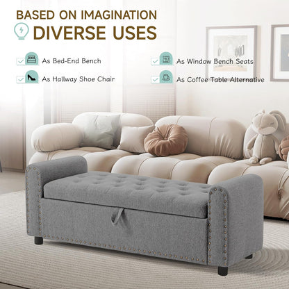 Ottoman with Storage, Tufted Storage Bench for Bedroom, 48" Fabrics End of Bed Bench, Upholstered Entryway Shoe Benches with Rolled Arm & Inner Zipper, Window Ottomans Chest with Rivets, Drak Grey