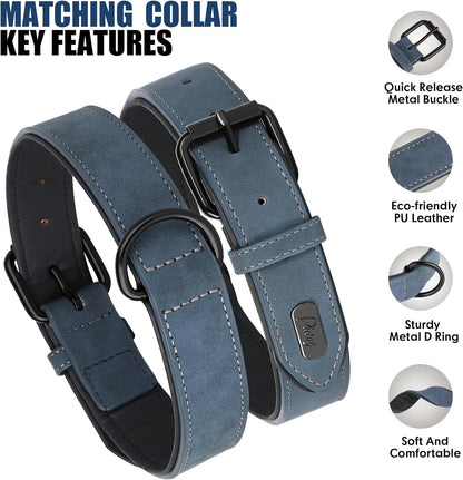 Didog Soft Padded Leather Dog Collar and Leash Set, Adjustable Dog Leash and Collar Set with Metal Buckle, Breathable Dog Collars with 4FT Faux Leather Dog Leash for Small Medium Large Dogs, Blue, XL