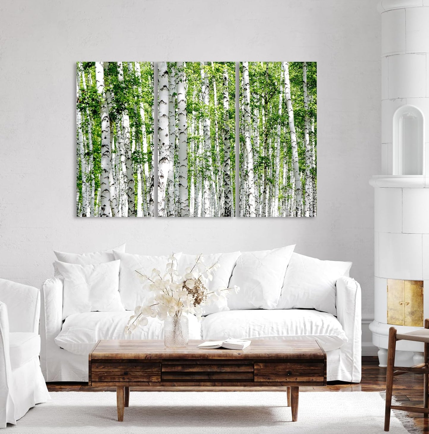 Nature Wall Art Prints - Ocean Forest Mountain Lake Canvas Landscapes - Small to Extra Large Living Room Bedroom Kitchen Bathroom Décor (Green Brich Trees, 55L" x 83W"- 3 Panels)