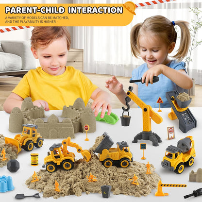 Asoxt 43-Piece Construction Sensory Playset – 2 lbs Play Sand, 4 DIY Trucks, Crane & Road Signs – Creative Sandbox Toy for Kids Ages 3+
