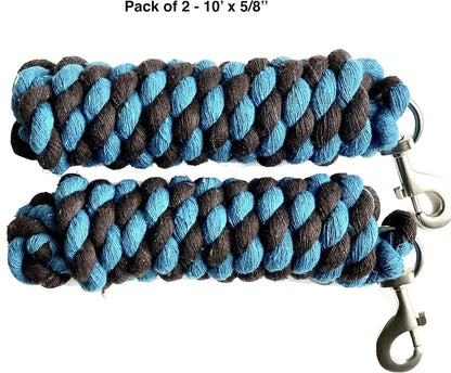 Majestic Ally Pack of 2 Solid Cotton Lead Rope for Horses & Livestock – 10 Foot Long and 5/8 inch Thick - Replaceable Heavy-Duty Satin Bolt Snap – Handmade – Soft, Broken in Feel (Turquoise -Brown)