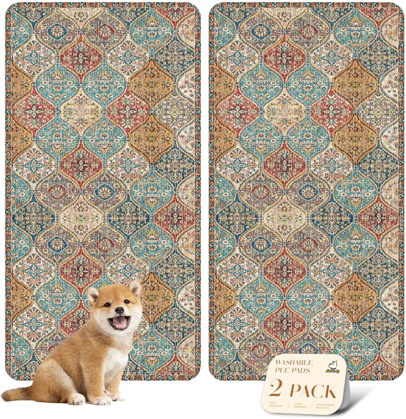 nunubaby Washable Pee Pads for Dogs, Stylish, Non-Slip and Leak-Proof Pee Pads. Reusable Potty Pads for Dogs for Crates and Floors.(Cream/Multi, 24" x48" )