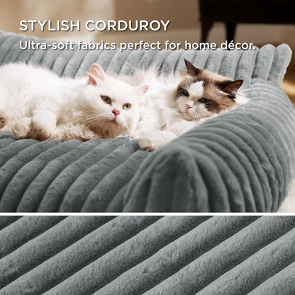 Bedsure Cute Cat Couch for Pets - Fluffy Cat Sofa with Premium Soft Corduroy Fleece, Fuzzy Pet Couch Bed with Removable Washable Cover, Supportive Pet Chair for Indoor Cats, 24inch, Warm Grey