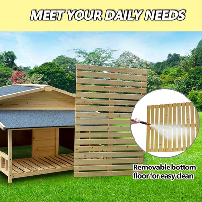 Large Outdoor Wooden Dog House – Weatherproof Double Kennel with Asphalt Roof & Covered Porch, Ideal for Medium to Large Breeds