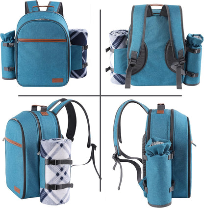 Apollo Walker Picnic Backpack Set for 2 Person with Cooler Compartment, Detachable Bottle/Wine Holder, Fleece Blanket, Plates and Cutlery Set (Teal)