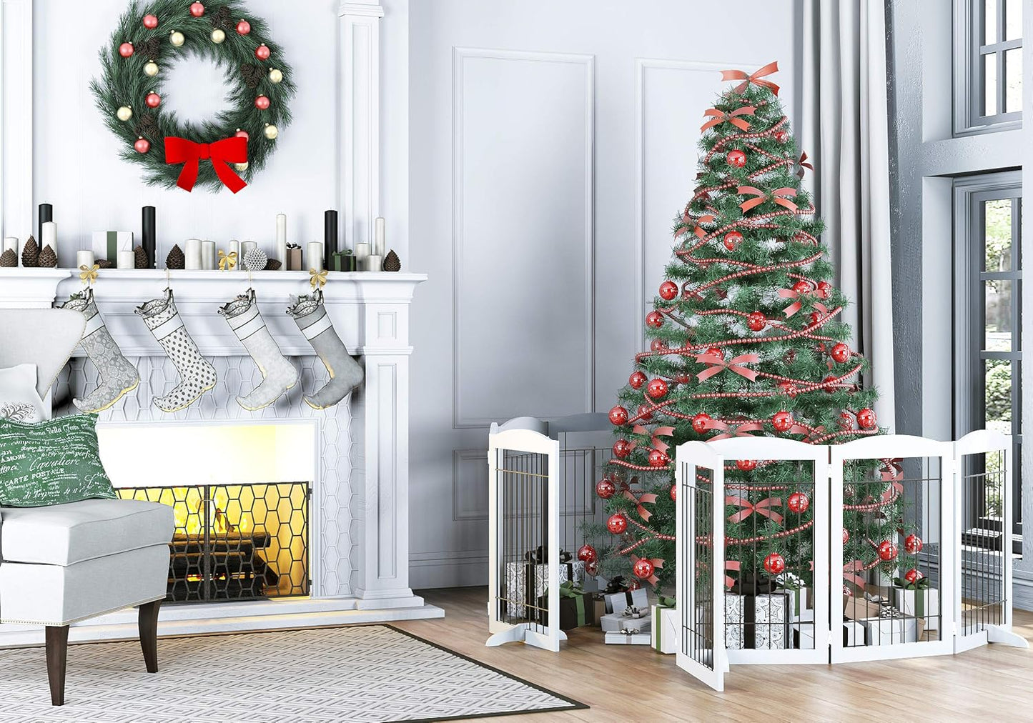 Spirich Free Standing Foldable Wire Pet Gate for Dogs, 80 inches Extra Wide, 30 inches Tall 4 Panels Dog Gate for the House, Doorway, Stairs, Pet Puppy Safety Fence,Set of Support Feet Included, White