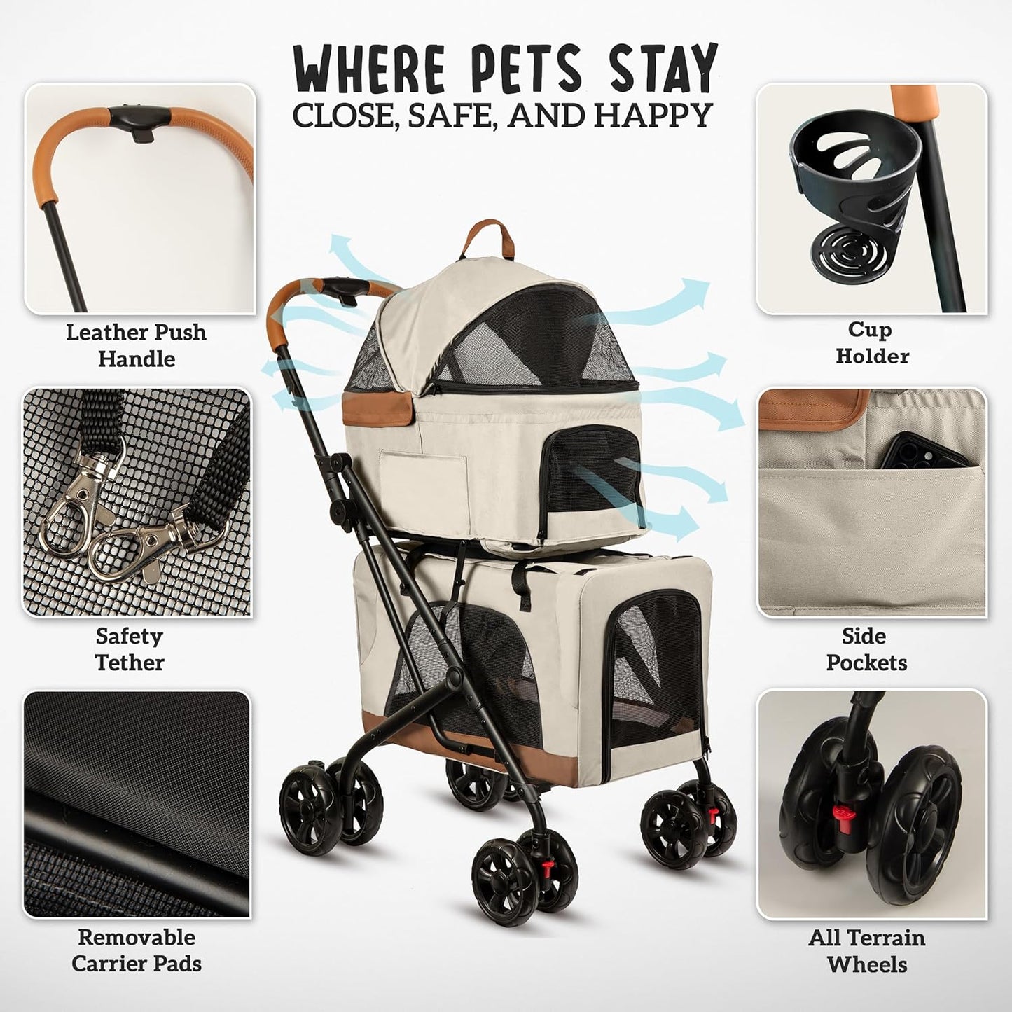 Double Pet Stroller with Detachable Carriers - Ideal for 2 Dogs or Cats - Compact & Convenient Design - Easy Assembly Double Dog Stroller - Cosmic Beige