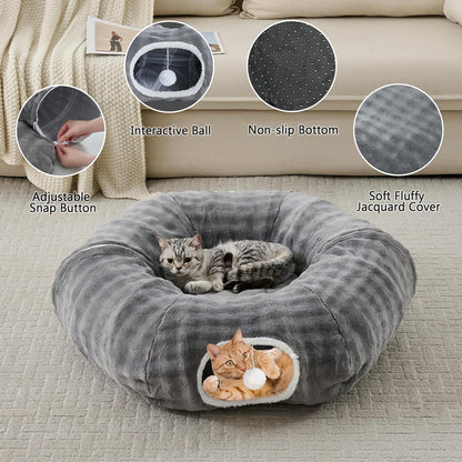 Bubble Cat Tunnel for Indoor Cats, Round Peekaboo Cave Toy with Dangling Balls, Donut Tunnel Bed with Circle Mat for Puppy Kitten Rabbit, Grey