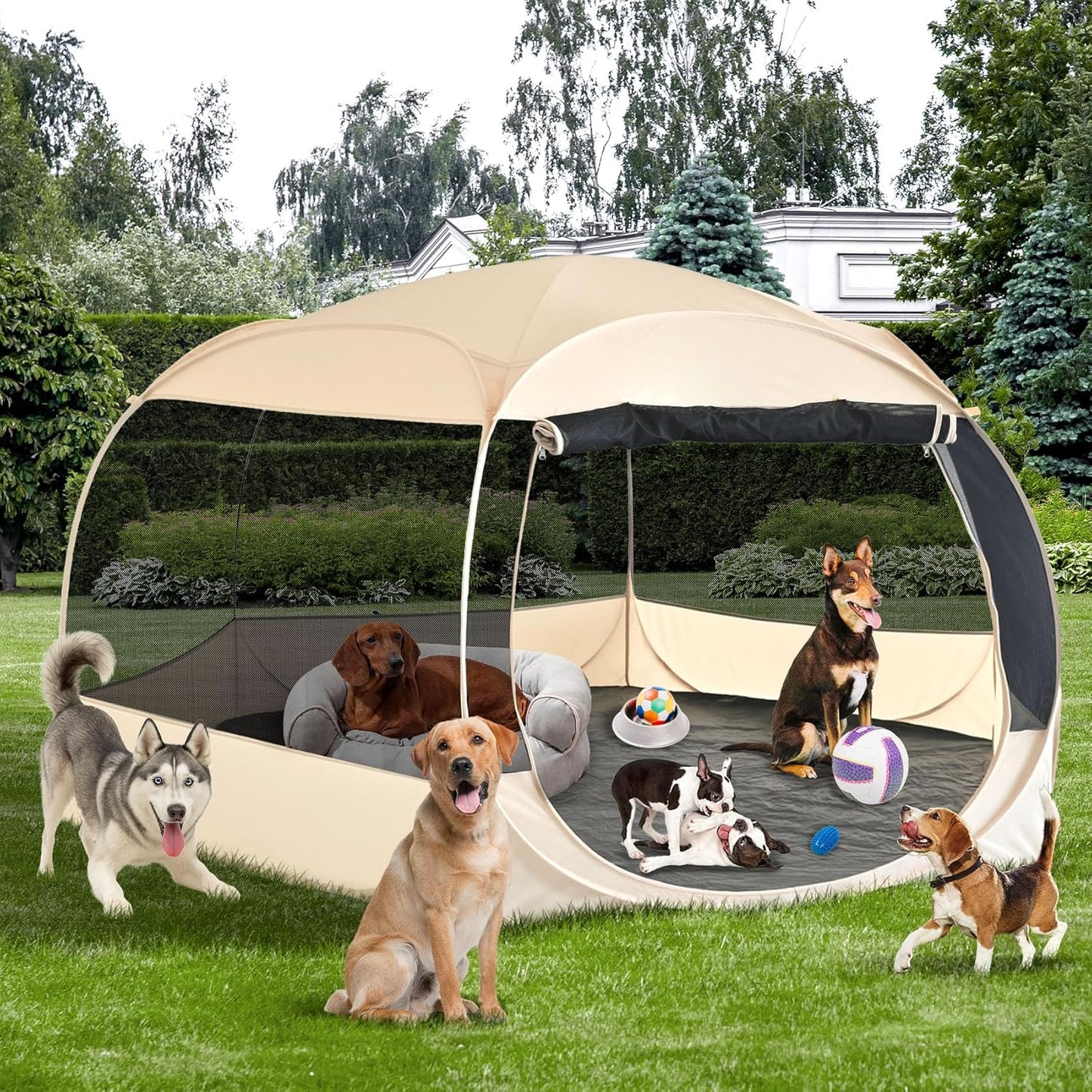 EighteenTek XXLarge Popup Portable Dog Houses, 10'x4.8'H Assembly-Free Gazebo-Style Dog Cot Cat Playpen Screen Pet Tent Sun Shade Shelter Dog Bed with Canopy for Outdoor Anti-Bugs with Leakproof Floor