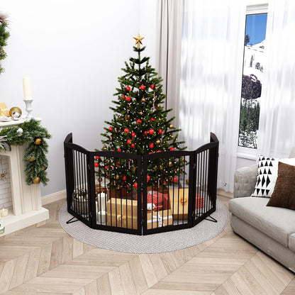 Freestanding Pet Gate for Dogs, Indoor Wooden Foldable Dog Gate for House, Extra Wide, Pet Fence for Stairs, Doorways, Halls, Support Feet Included, 120 Inch Wide, 6 Panels 32",Brown