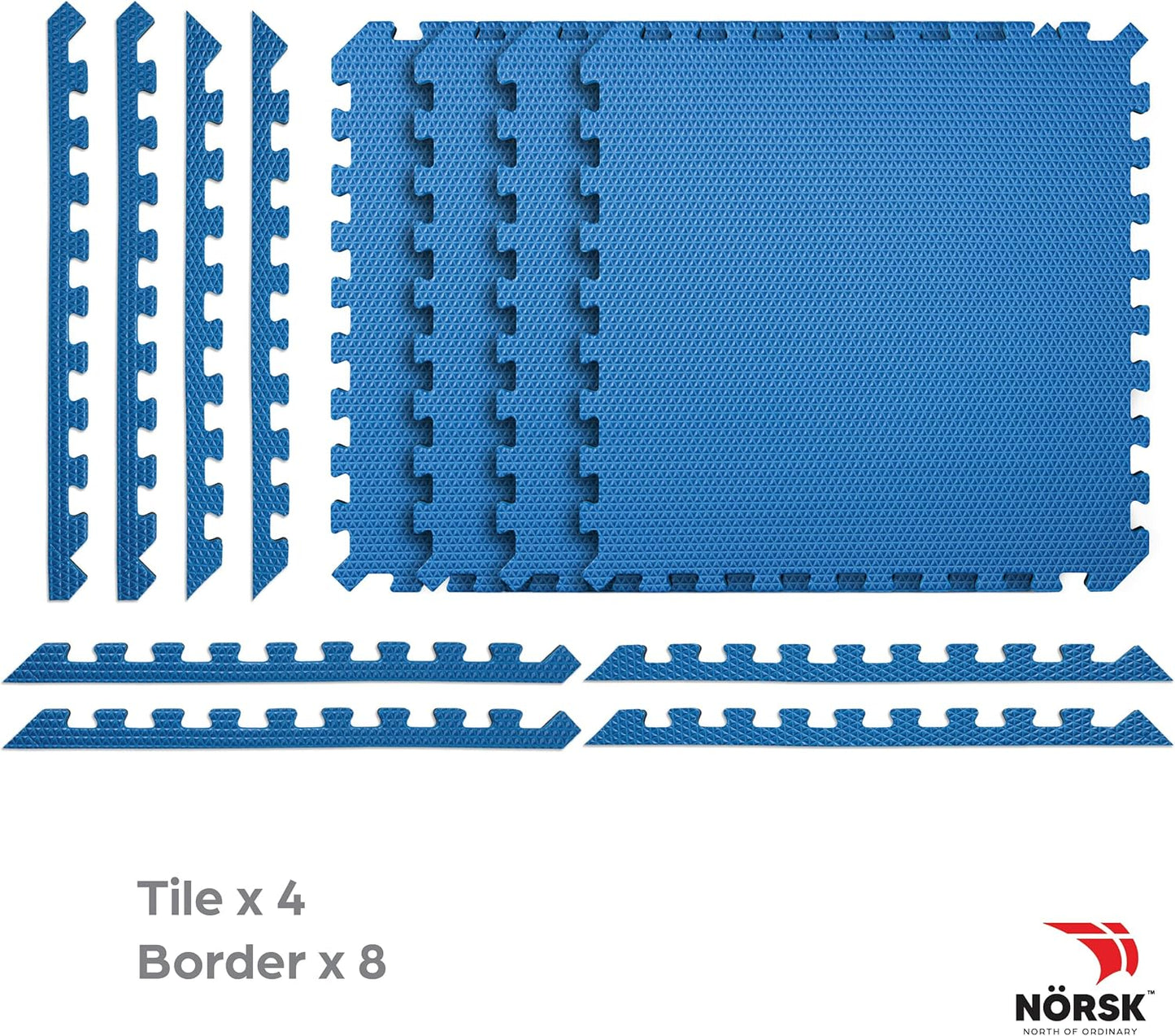 Norsk Reversible Exercise Mats 3/4" Thick EVA Interlocking Foam Tiles, Perfect Home Gym Flooring, 4 Tiles & 8 Trim Pieces, 16 Sq. Ft. 24"x24" Dazzling Blue/Black