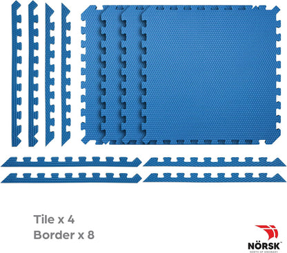 Norsk Reversible Exercise Mats 3/4" Thick EVA Interlocking Foam Tiles, Perfect Home Gym Flooring, 20 Tiles & 40 Trim Pieces, 80 Sq. Ft. 24"x24", Dazzling Blue/Black