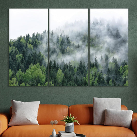 Nature Wall Art Prints - Ocean Forest Mountain Lake Canvas Landscapes - Small to Extra Large Living Room Bedroom Kitchen Bathroom Décor (Pine Trees in Fog, 55L" x 83W"- 3 Panels)