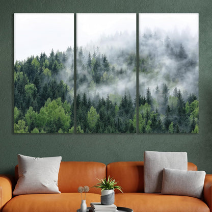 Nature Wall Art Prints - Ocean Forest Mountain Lake Canvas Landscapes - Small to Extra Large Living Room Bedroom Kitchen Bathroom Décor (Pine Trees in Fog, 39L" x 59W" - 3 Panels)