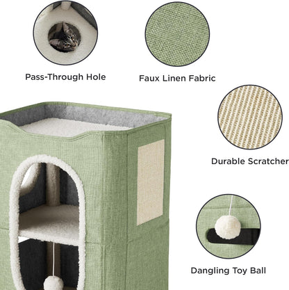 Bedsure 2 Story Cat House - Cat Condos for Indoor Cats with Scratch Pad and Fluffy Ball Hanging, Small Pet Cave Furniture Hideaway for Multi Pets, 18x14x23 inches, Green