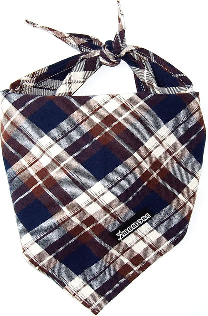 Adjustable Plaid Dog Bandanas,1PC Soft Washable Cotton Triangle Bib Kerchief Scarfs for Small Medium Large Dogs and Cats (Brown&Blue, Large)