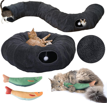 R1M Cat Tunnel Bed for Indoor Cats, Cute Cat Donut Tunnel Toys for Small, Larger Cats with Two Fish Cat Toys, Round Pet Peekaboo Cave Toy for Kitten, Dark Grey