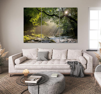 Nature Wall Art Prints - Ocean Forest Mountain Lake Canvas Landscapes - Small to Extra Large Living Room Bedroom Kitchen Bathroom Décor (Rocky River in the Woods, 35L" x 53W" - 3 Panels)