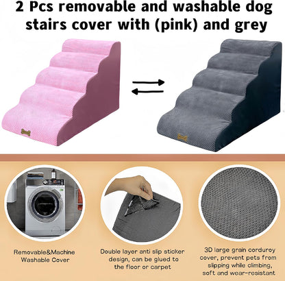 Dog Stairs & Pet Ramp for Small/Large Dogs to High Beds/Couches - 5 Steps 24-inch Height for 18-30 inch Furniture, 2 Washable Covers (Pink, Grey), Non-Slip Balanced 33D Design for Old Dogs & Cats
