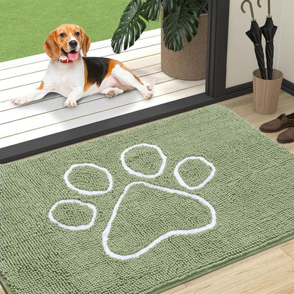 OLANLY Door Mat for Muddy Dog Paws 47x32, Ultra Absorbent Chenille Mud Doormat with Paw Print Design, Non-Slip Washable Doormat for Indoor Entryway, Quick-Dry Pet Bed Mats for Dirty Dogs, Sage Green