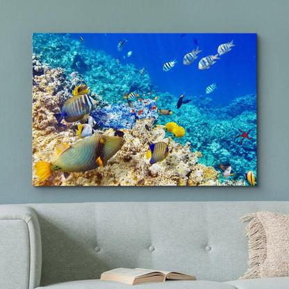 wall26 Canvas Print Wall Art Underwater Neon Blue Teal Ocean Water Fish Nature Animals Photography Realism Rustic Scenic Landscape Wilderness Earth for Living Room, Bedroom, Office - 12"x18"