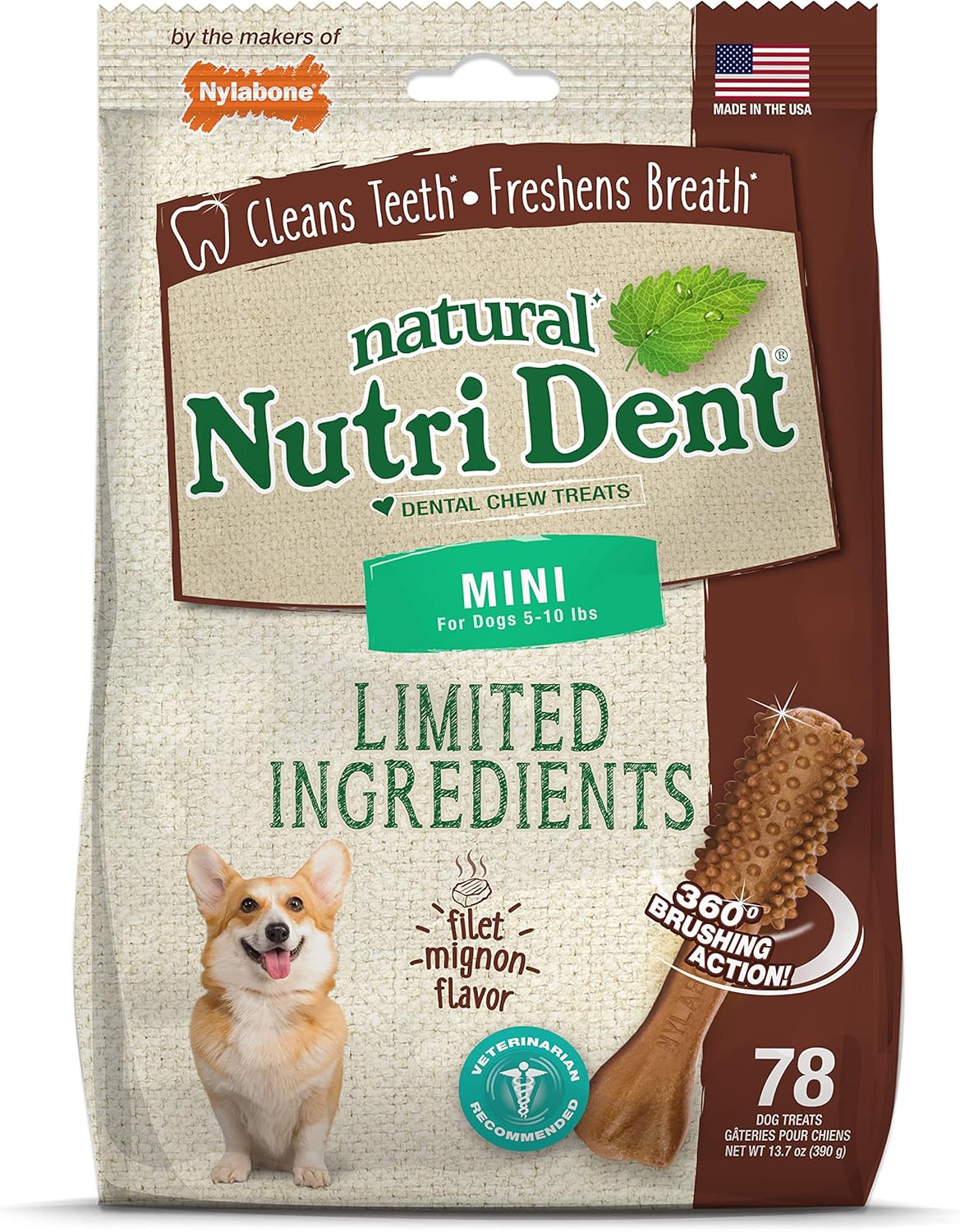 Nylabone Nutri Dent Dog Dental Treats - Natural Dog Teeth Cleaning & Breath Freshener - Dental Treats for Dogs - Filet Mignon Flavor, Mini (78 Count)