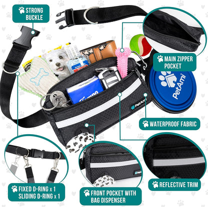 PetAmi Hands Free Dog Leash, Dog Running Leash Belt for Walking Jogging, Dog Waist Zipper Pouch Fanny Pack with Poop Bag Dispenser, Dual Padded Handle Bungee Leash for Small Medium Large Dogs, Single