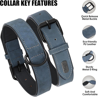 Didog Soft Padded PU Leather Dog Collar, Breathable and Adjustable Dog Collar for Large Dogs, Comfortable for Daily Walk, Blue, XL Fit Neck 17-21"(44-71 lbs)