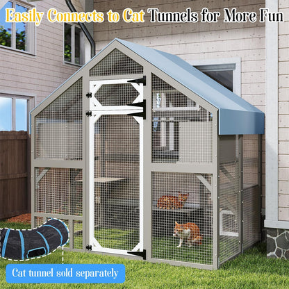 Cat Catio Outdoor Enclosure for Multiple Cats, Large Wooden Walk-in Cat House with Window Connection, 2 Condos, Platforms, Doors, and Weatherproof Roof Cover (69.5" L x 47" W x 71" H)