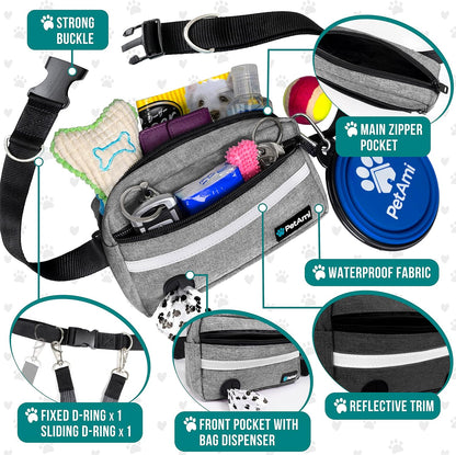 PetAmi Hands Free Dog Leash, Running Leash Belt Walking, Jogging, Waist Zipper Pouch with Poop Bag Dispenser, Dual Padded Handles, Reflective Durable Bungee Single, Heather Grey, 1 Leash