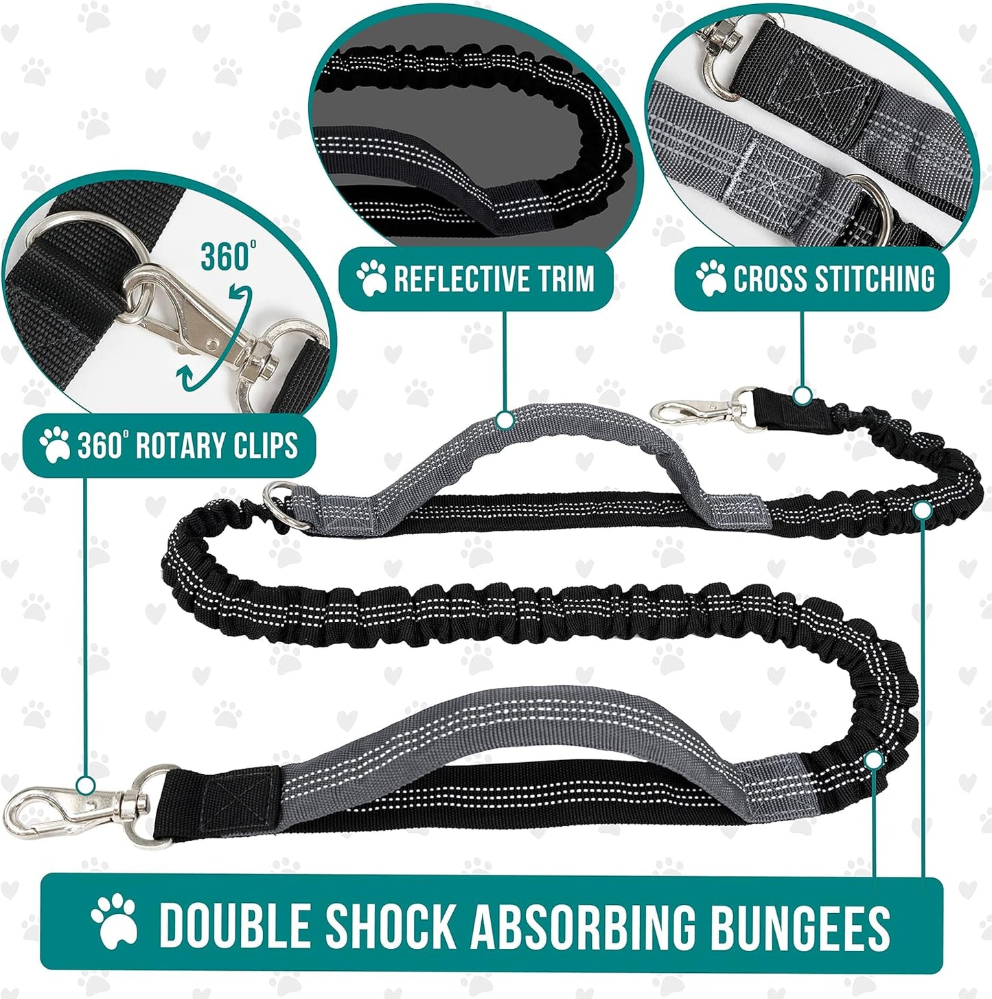 PetAmi Hands Free Dog Leash, Dog Running Leash Belt for Walking Jogging, Dog Waist Zipper Pouch Fanny Pack with Poop Bag Dispenser, Dual Padded Handle Bungee Leash for Small Medium Large Dogs, Double