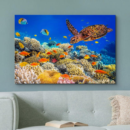 wall26 Canvas Print Wall Art Neon Coral Reef Blue Hippo Tang Fish Turtle Nature Animals Photography Realism Rustic Scenic Landscape Wilderness Colorful for Living Room, Bedroom, Office - 16"x24"
