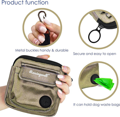 Dog Treat Pouch for Pet Walking and Training with Clicker Poop Bags and Double Bag Design Small Fanny Zipper Pack Holder for Puppy Snack Dispenser Kit for Leash and Outdoor Use (NM-Bronze